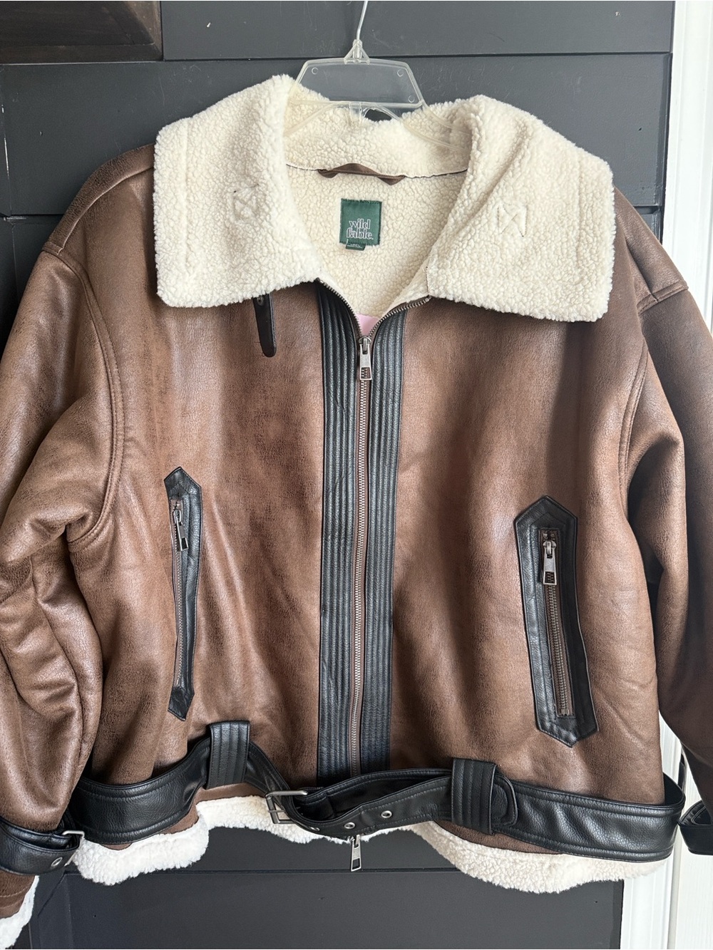 wild fable Brown Faux-Leather Bomber Jacket with Sherpa Collar XXL